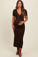 Brown Knit Twisted V-Neck Maternity Maxi Dress