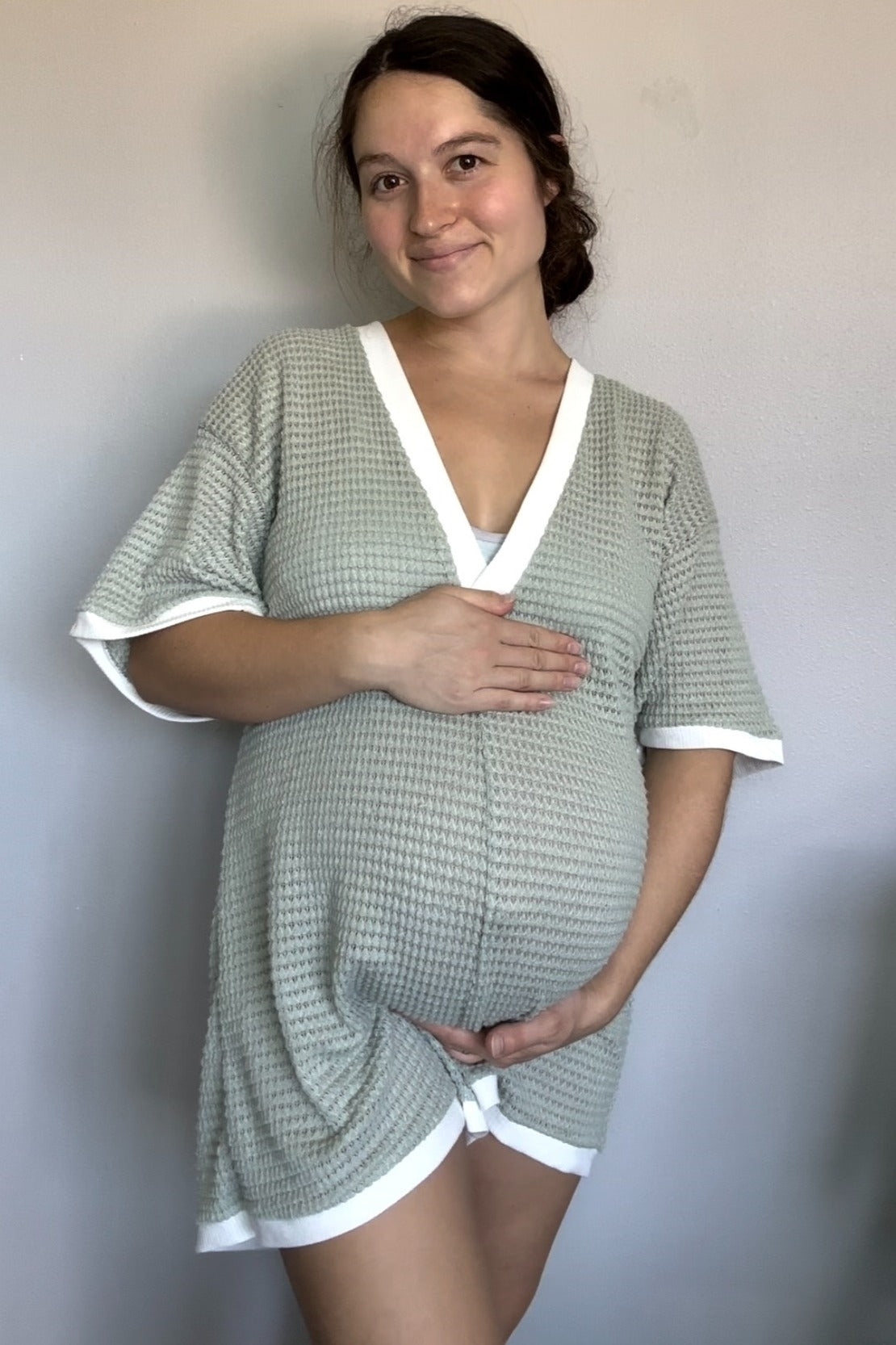 Light Olive Knit Contrast Trim Deep V-Neck Maternity Romper