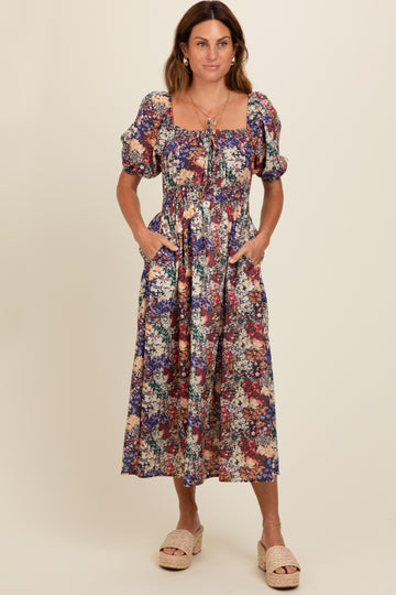 Black Floral Puff Sleeve Midi Dress