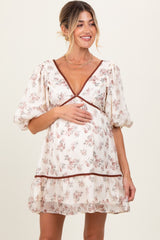 Cream Floral Deep V-Neck Back Cutout Maternity Dress