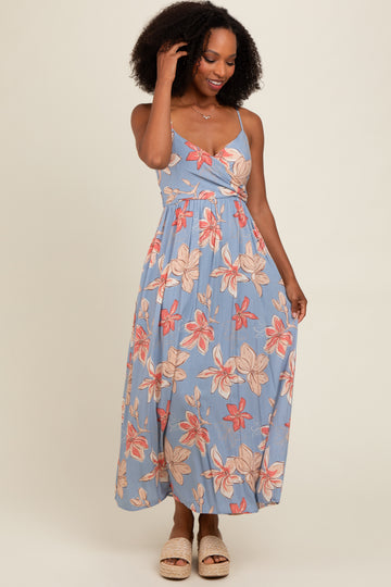Blue Floral Crossover Neckline Maxi Dress