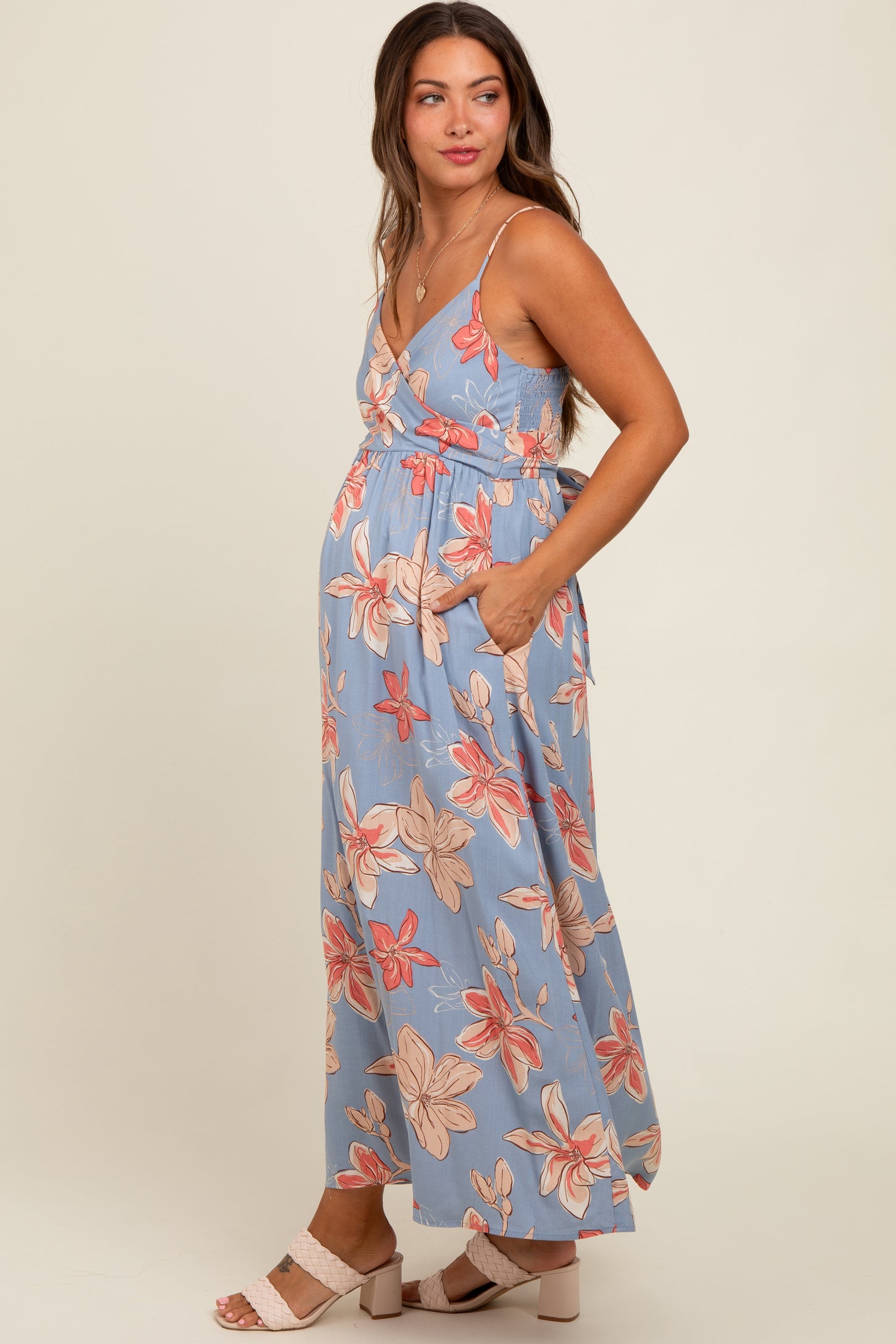 Blue Floral Crossover Neckline Maternity Maxi Dress