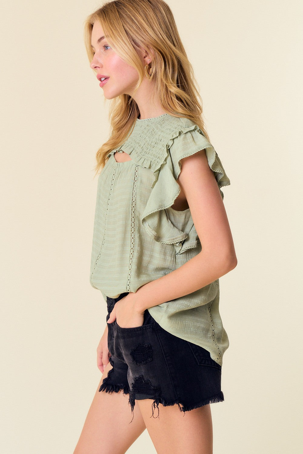 Sage Smocked Yoke Ruffle Woven Blouse With Lace Trim