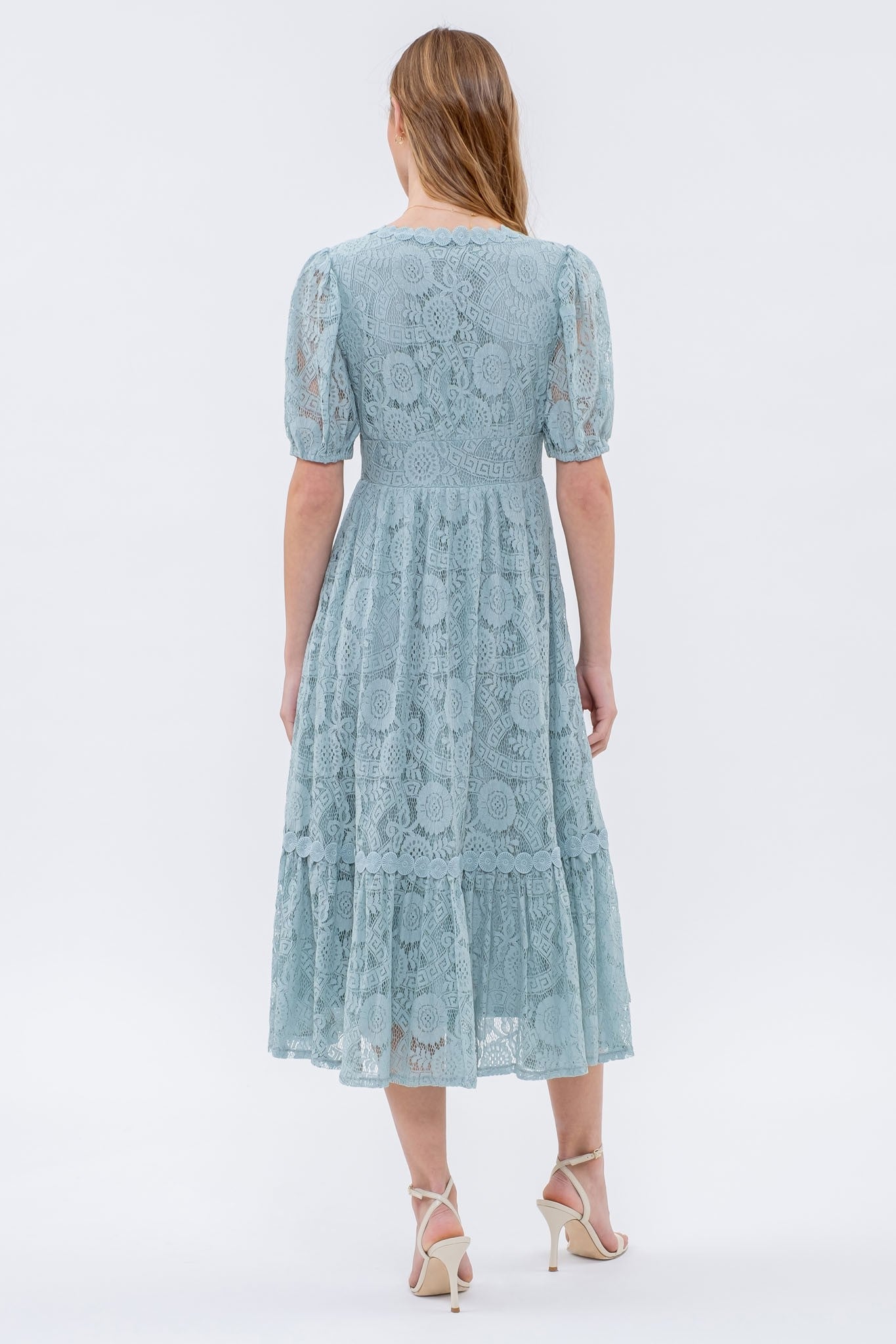 Light Teal Lace Button Down Midi Dress
