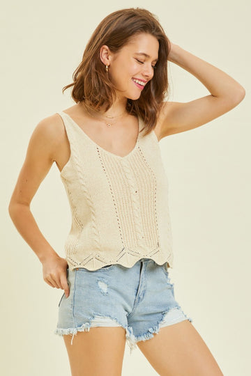 Cream Crop V-Neck Sweater Tank Top With Scalloped Hem