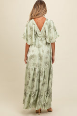 Light Olive Floral Deep V-Neck Maternity Maxi Dress