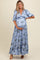 woman wearing a light blue maternity maxi dress with puff sleeves and floral print, holding her baby bump