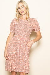 Peach Floral Puff Sleeve Smocked Dress
