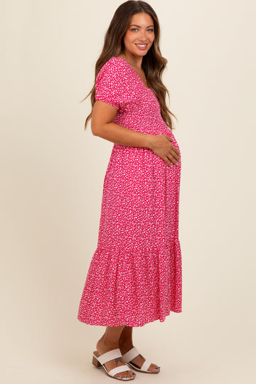 Coral Floral Smocked Ruffle Hem Maternity Midi Dress