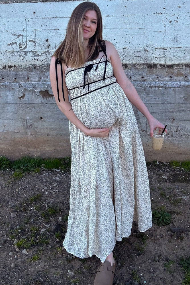 Cream Floral Contrast Ribbon Trim Maternity Maxi Dress