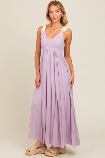 Lavender Contrast Shoulder Tie Smocked Maxi Dress