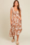 Camel Leaf Print Off Shoulder Smocked Midi Dress