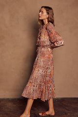 Rust Multi Sunset Tie-Front Tiered Dress