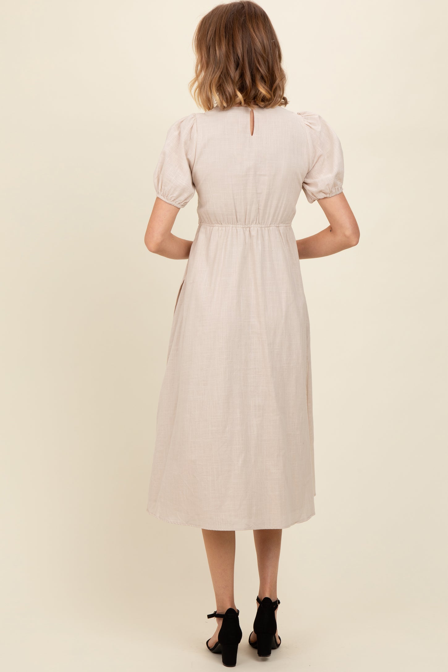 Beige Smocked V-Neck Puff Sleeve Midi Dress