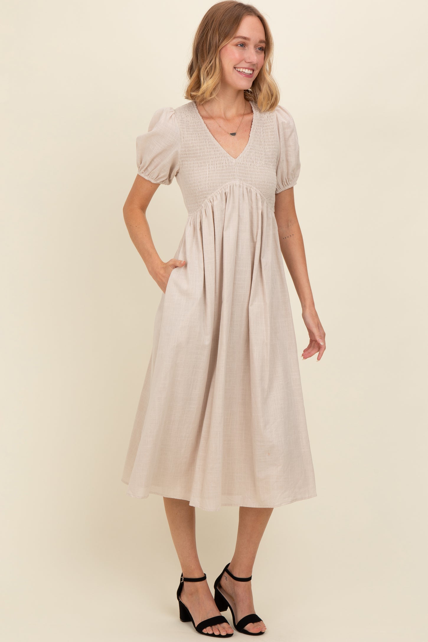 Beige Smocked V-Neck Puff Sleeve Midi Dress