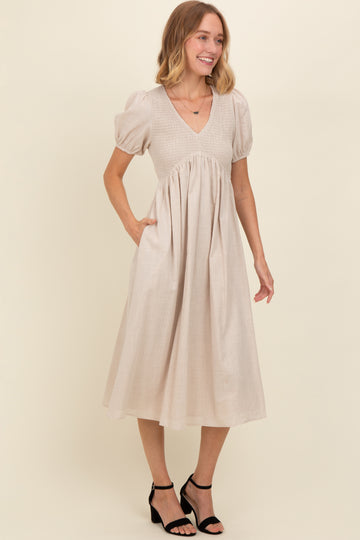 Beige Smocked V-Neck Puff Sleeve Midi Dress