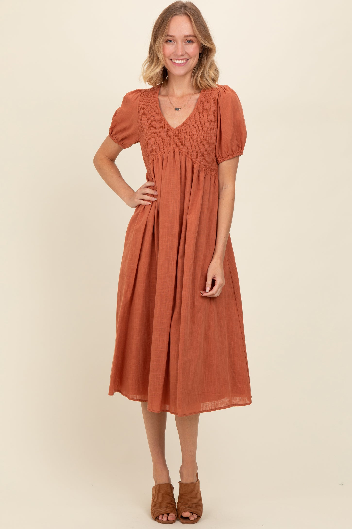 Rust Smocked V-Neck Puff Sleeve Maternity Midi Dress
