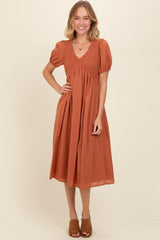 Rust Smocked V-Neck Puff Sleeve Maternity Midi Dress