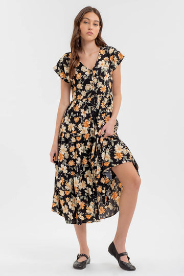 Black Multi Button Down Tiered Floral V Neck Midi Dress