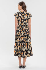 Black Multi Button Down Tiered Floral V Neck Midi Dress