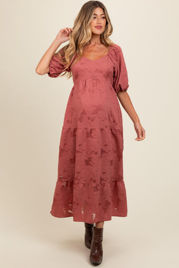 Mauve Floral Textured Tiered Midi Maternity Dress