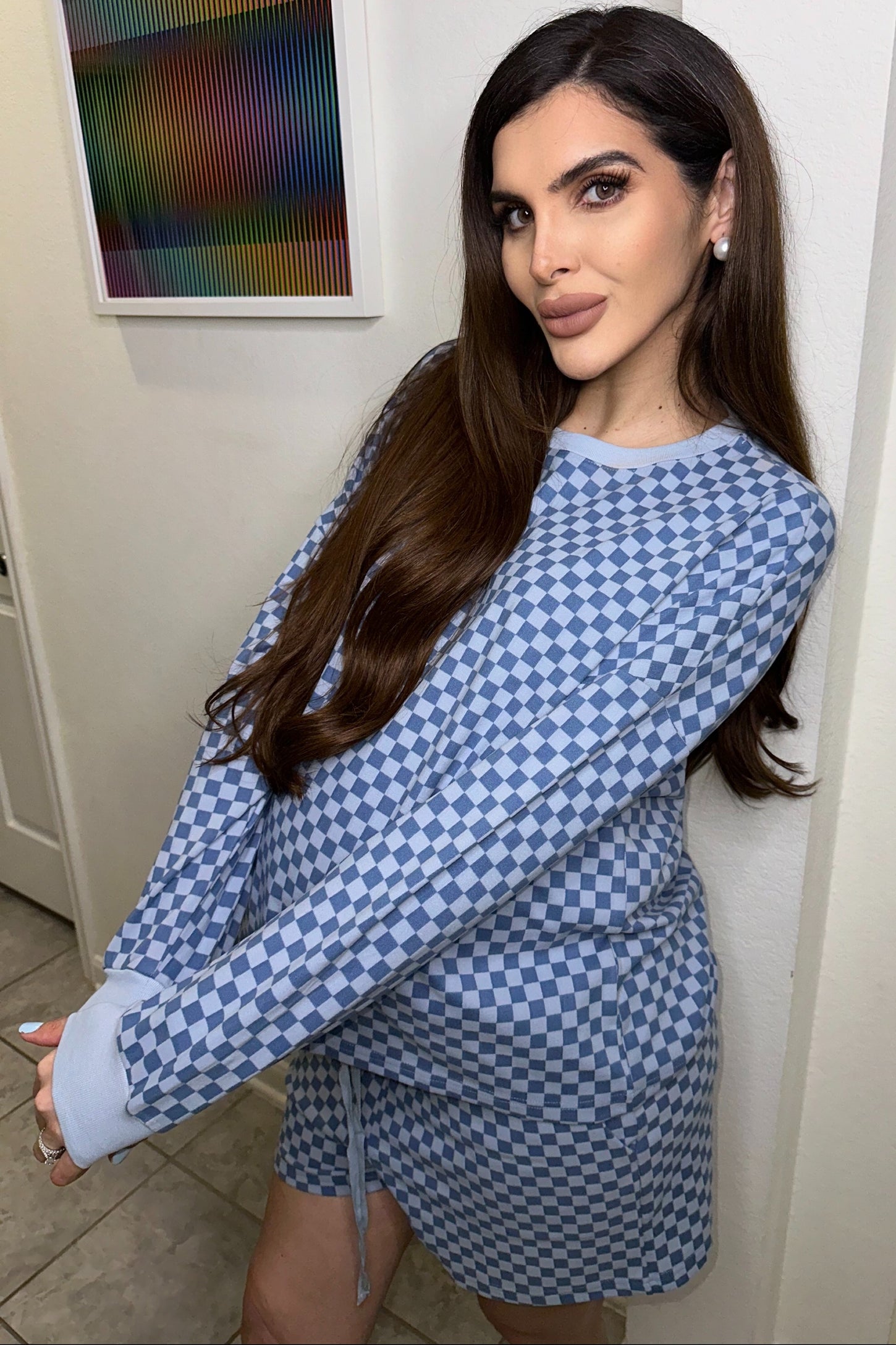 Blue Checkered Plaid Pullover Shorts Maternity Set