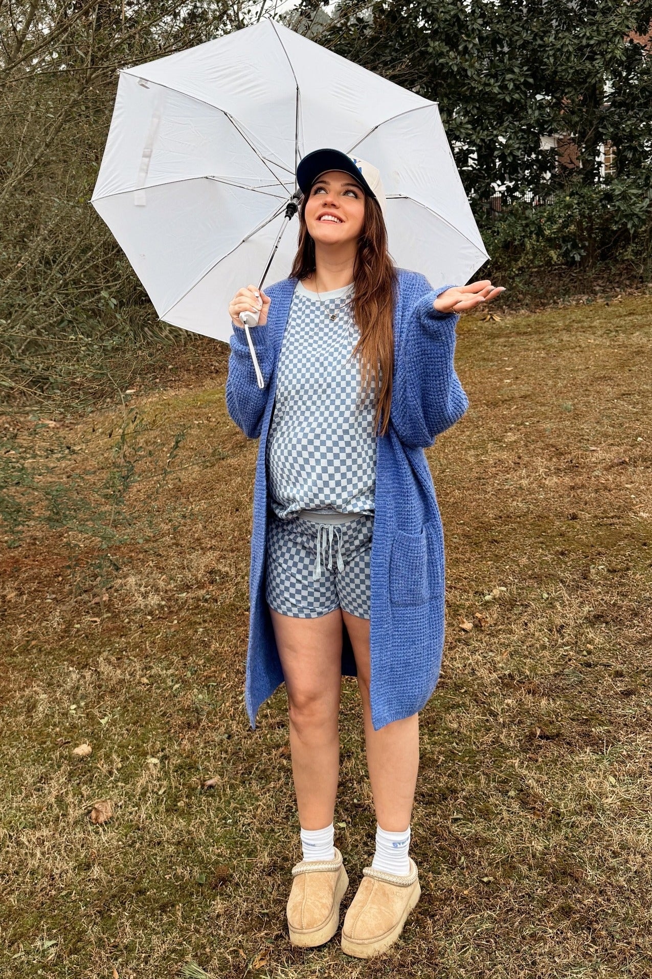 Blue Checkered Plaid Pullover Shorts Maternity Set