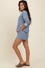 Blue Checkered Plaid Pullover Shorts Set