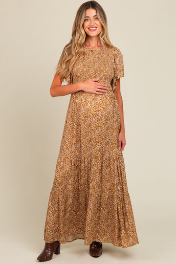 Camel Floral Smocked Flutter Sleeve Maternity Maxi Dress
