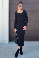 Black Ruffle Hem Knit Top And Midi Skirt Set