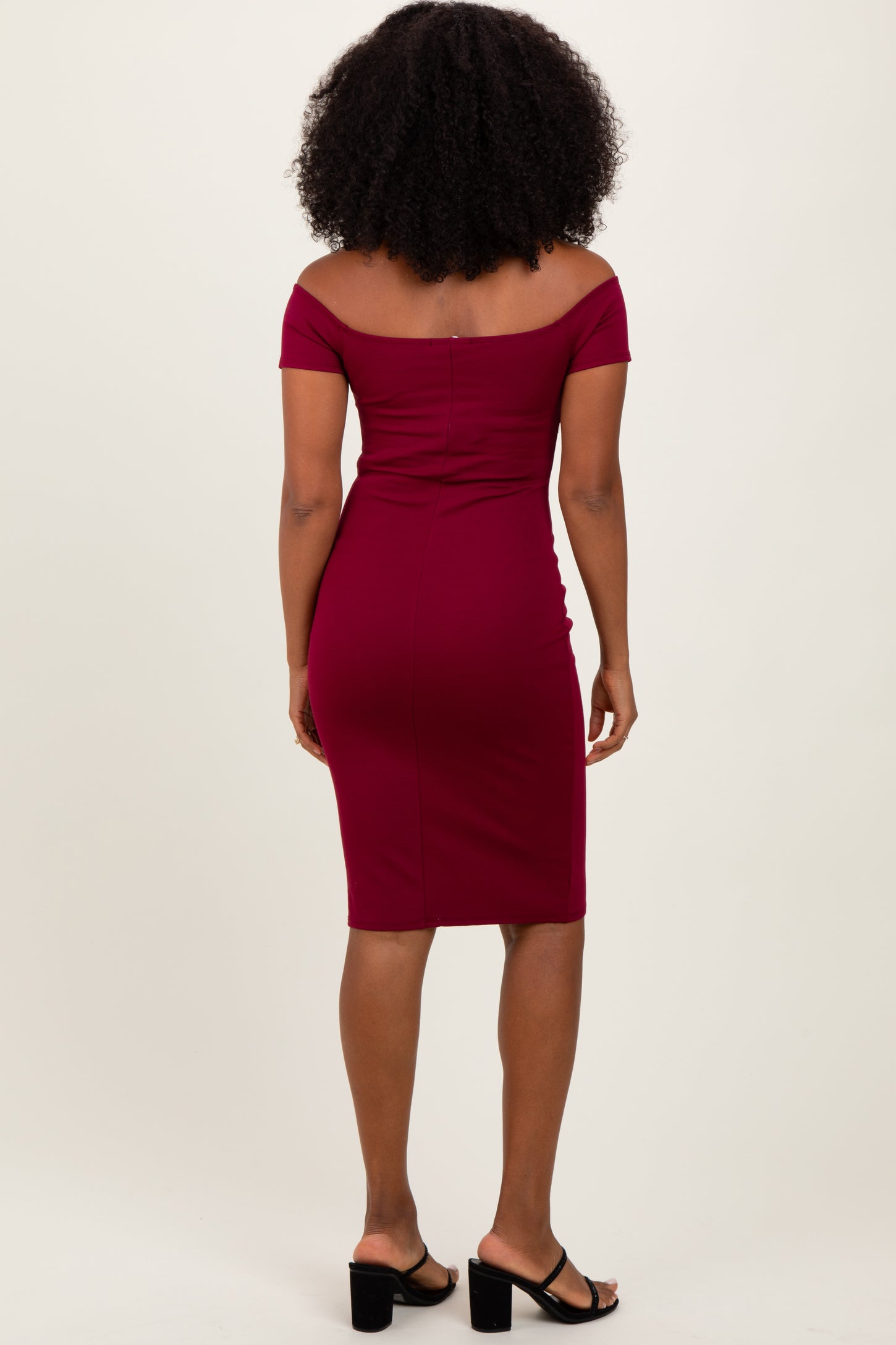 Burgundy Off Shoulder Fitted Midi Dress