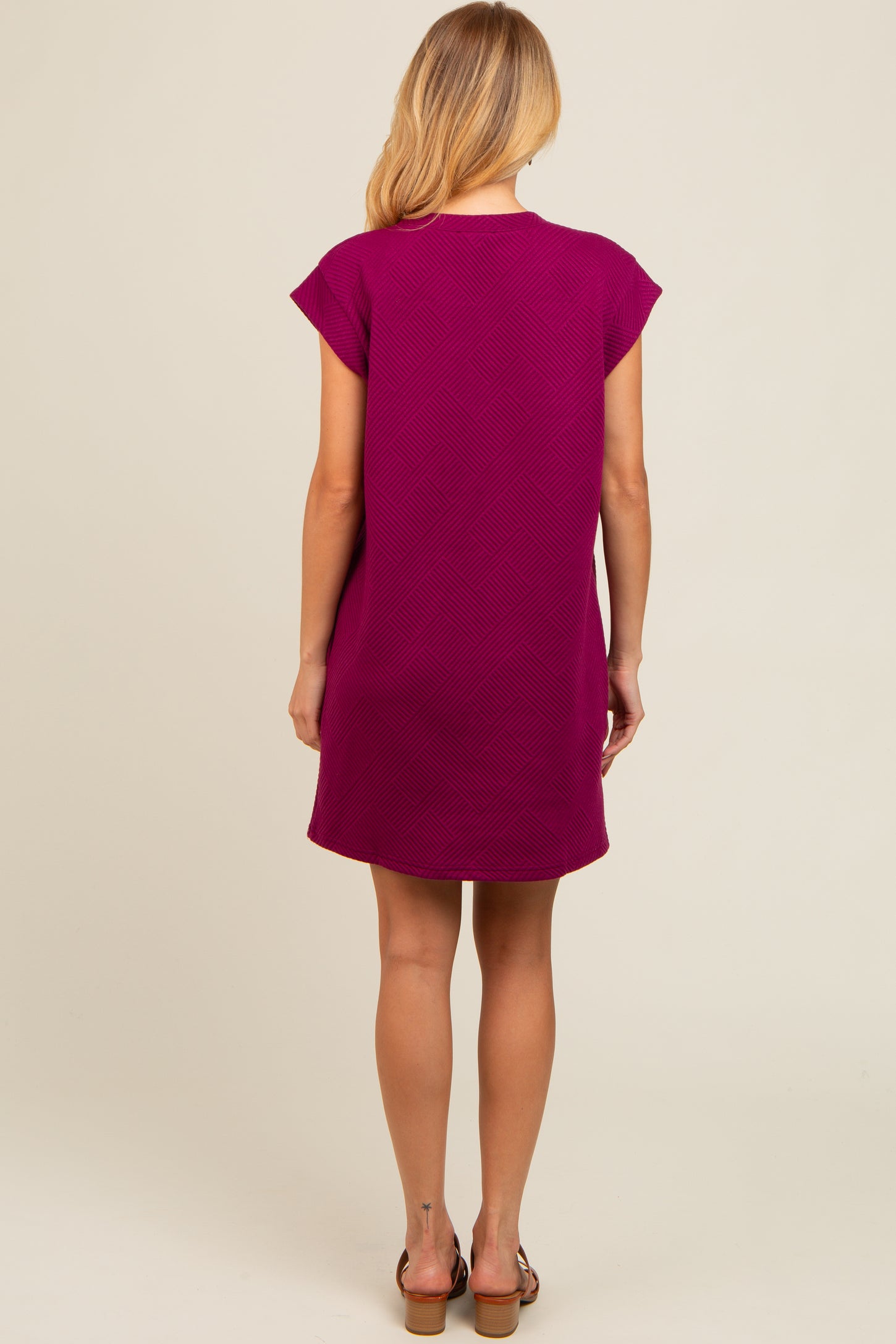 Violet Front Pocket Line Textured Short Sleeve Dress