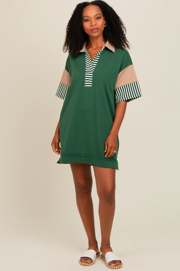 Forest Green Striped Color Block Collared Terry Dress