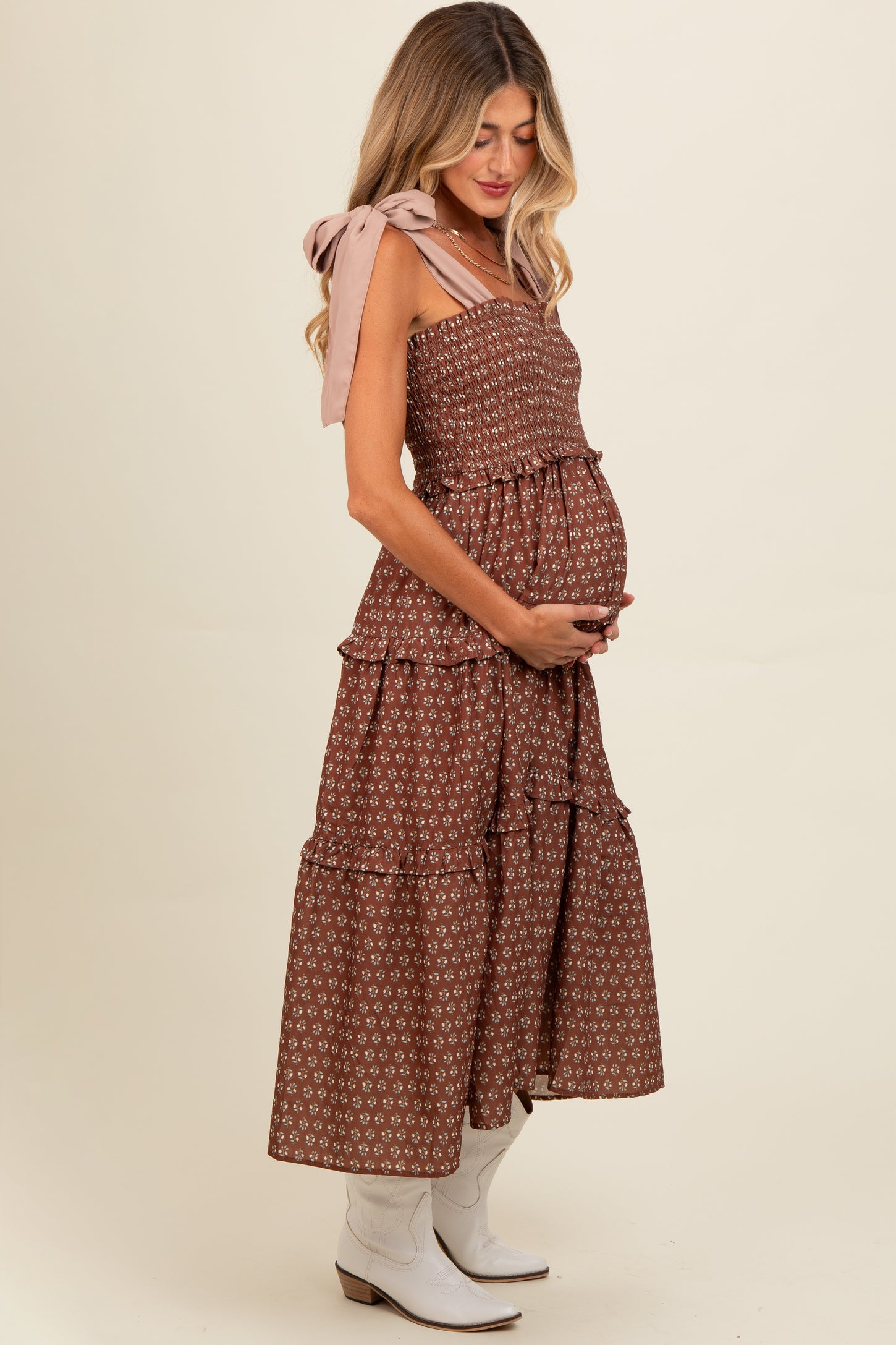 Brown Floral Print Contrast Shoulder Tie Tiered Maternity Midi Dress