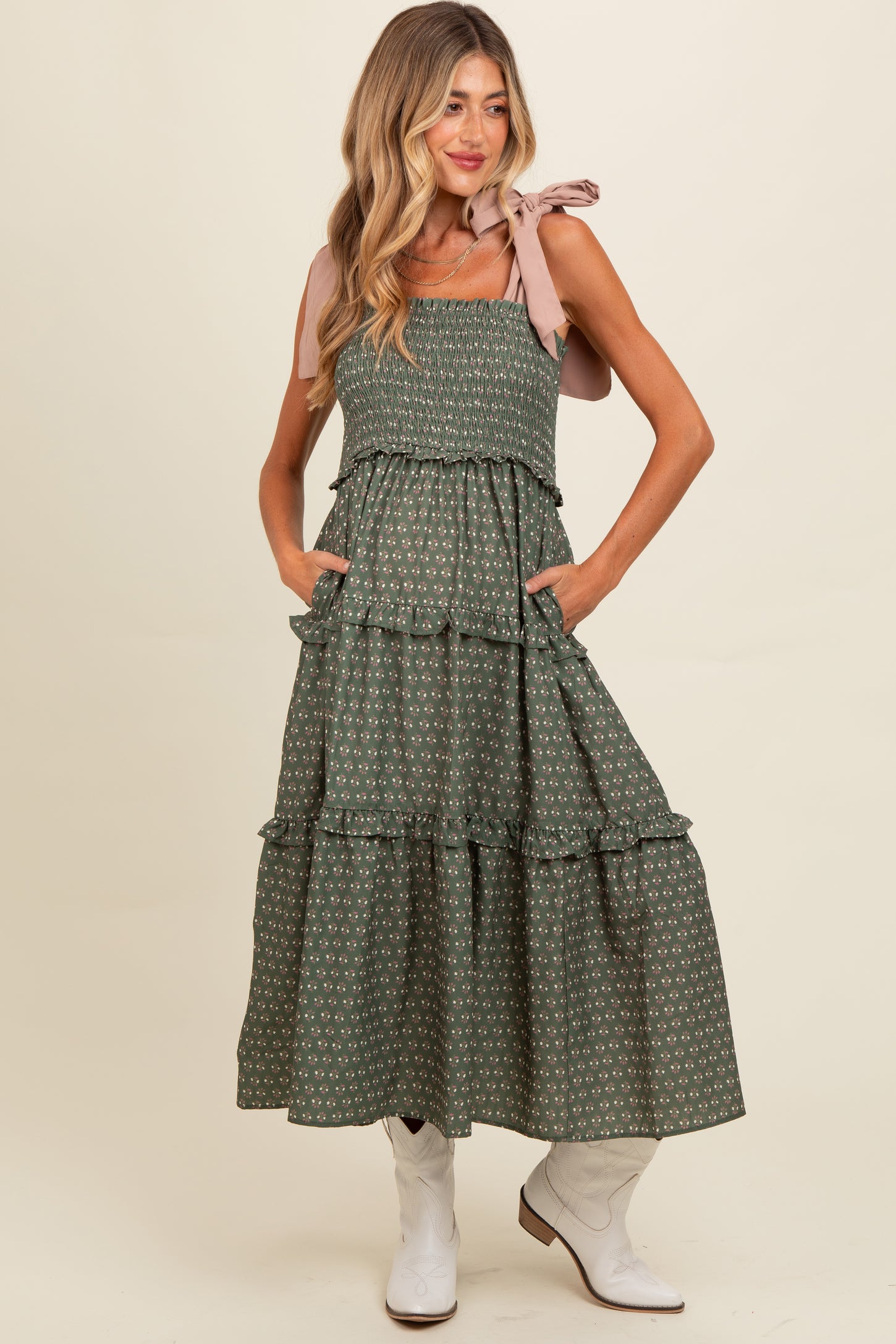 Olive Floral Print Contrast Shoulder Tie Tiered Maternity Midi Dress