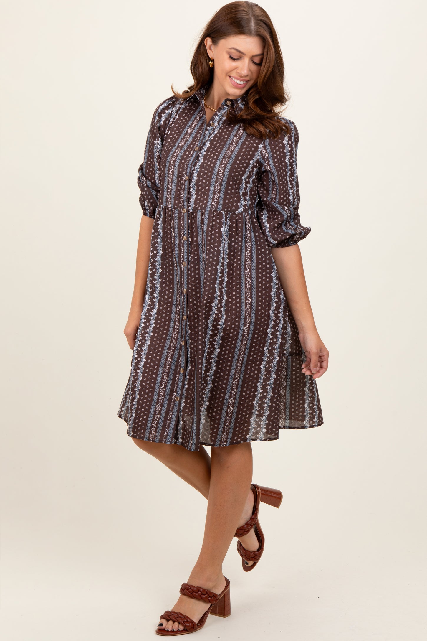 Brown Floral Striped Button Down Midi Dress