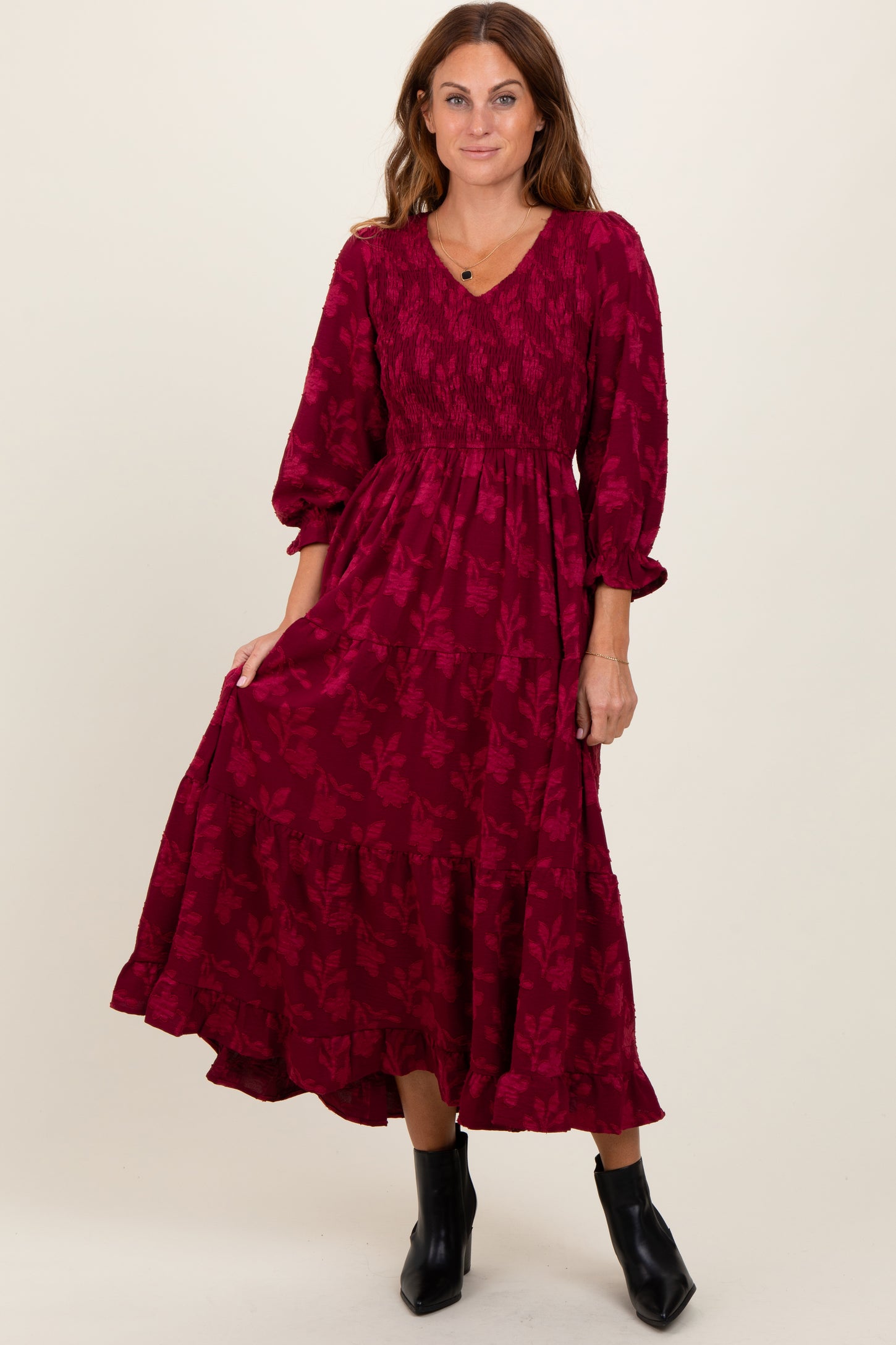 Burgundy Floral Smocked V-Neck Maternity Maxi Dress