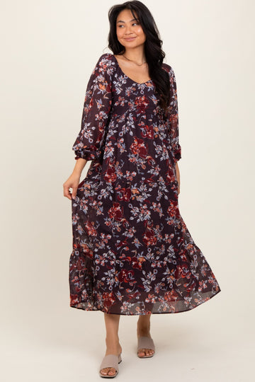 Brown Floral V-Neck Bubble Sleeve Maxi Dress