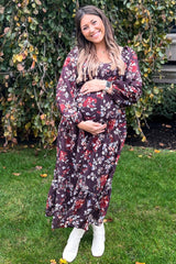 Brown Floral V-Neck Bubble Sleeve Maternity Maxi Dress