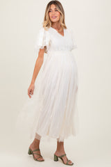 Cream Ruffle Accent Mesh Overlay Maternity Maxi Dress