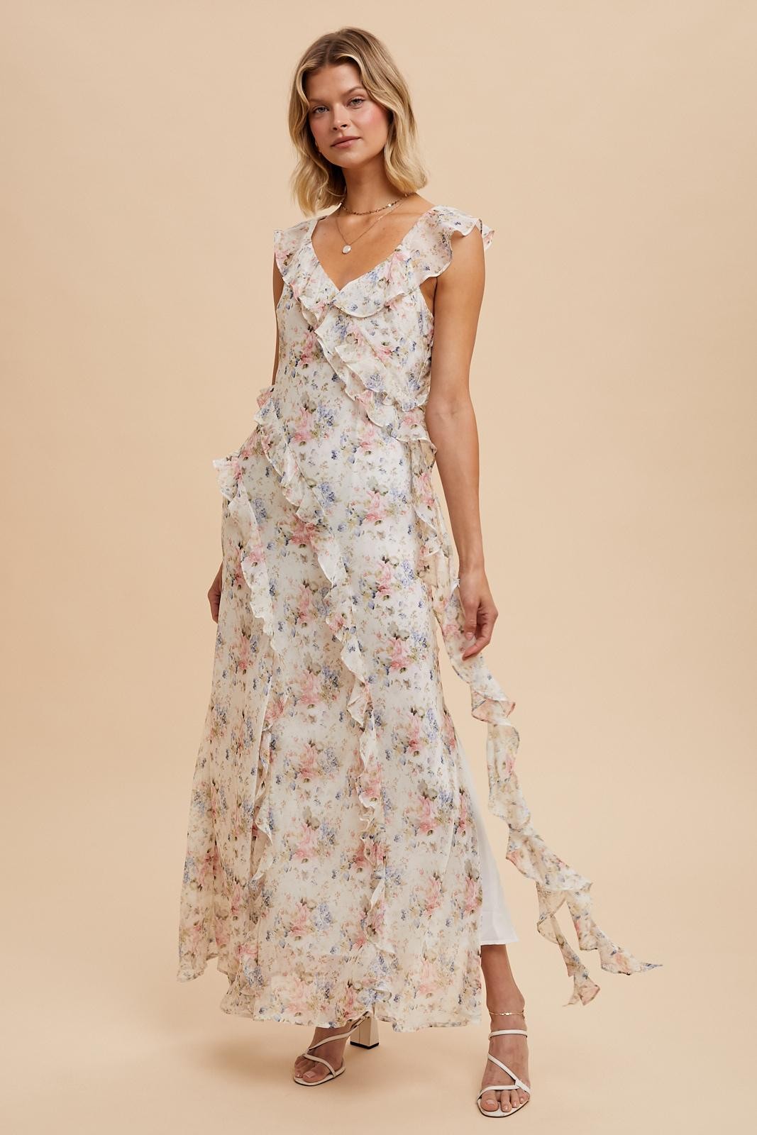 Ivory Floral Ruffled Chiffon Dress