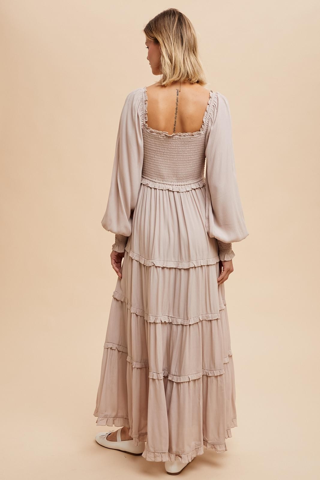 Beige Smocked Long Sleeve Ruffle Tiered Maxi Dress