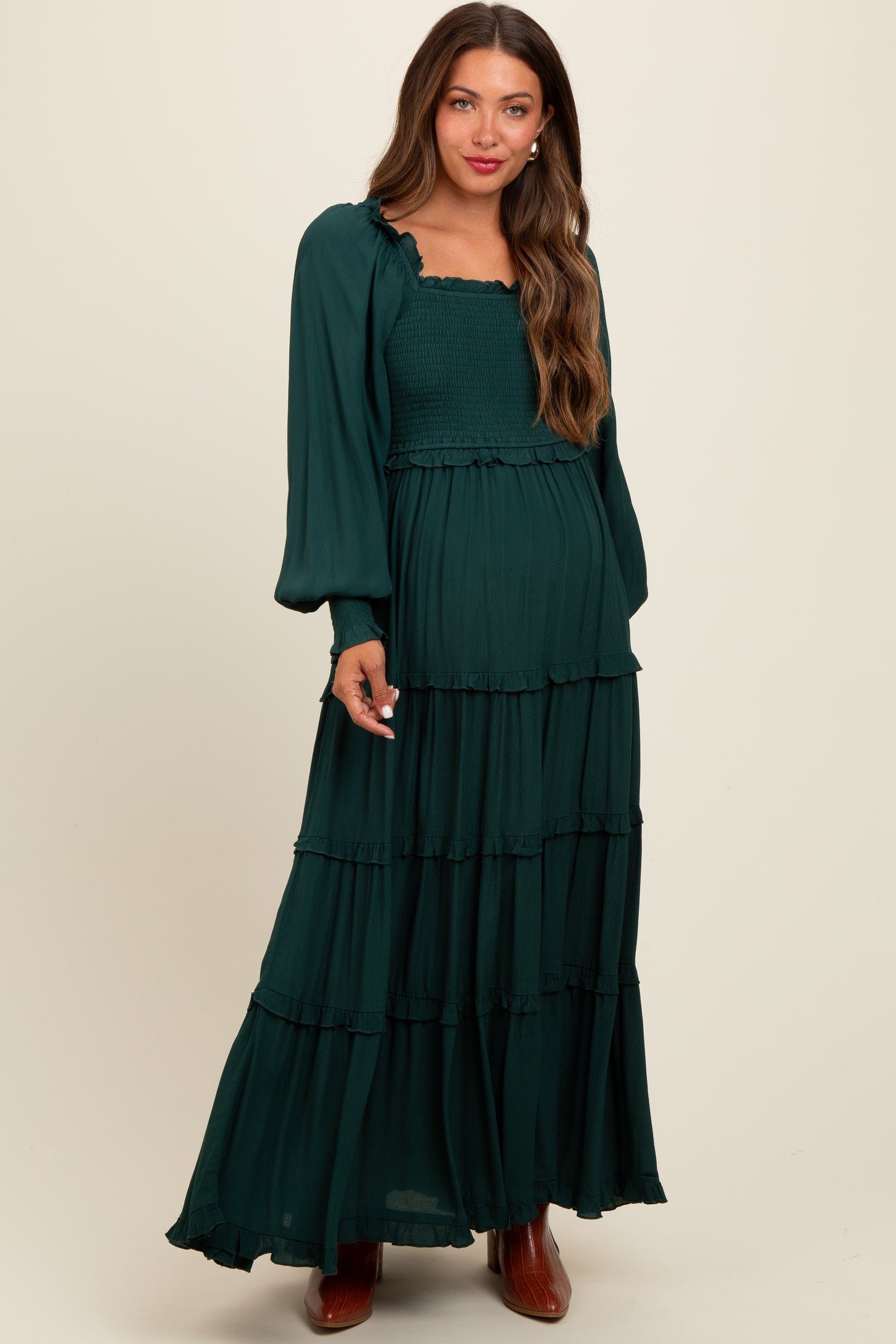 Forest Green Smocked Long Sleeve Ruffle Tiered Maternity Maxi Dress