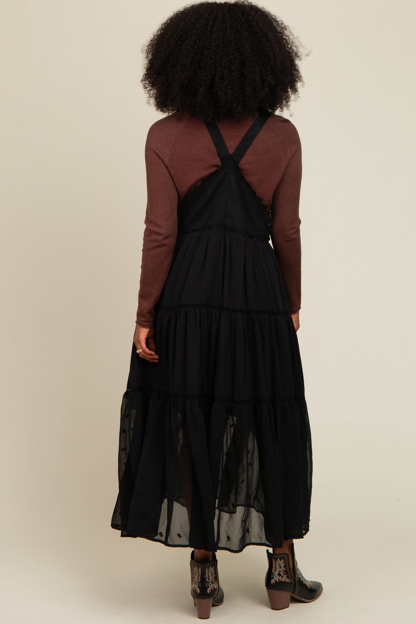 Black Overall Crochet Lace Tiered Dress