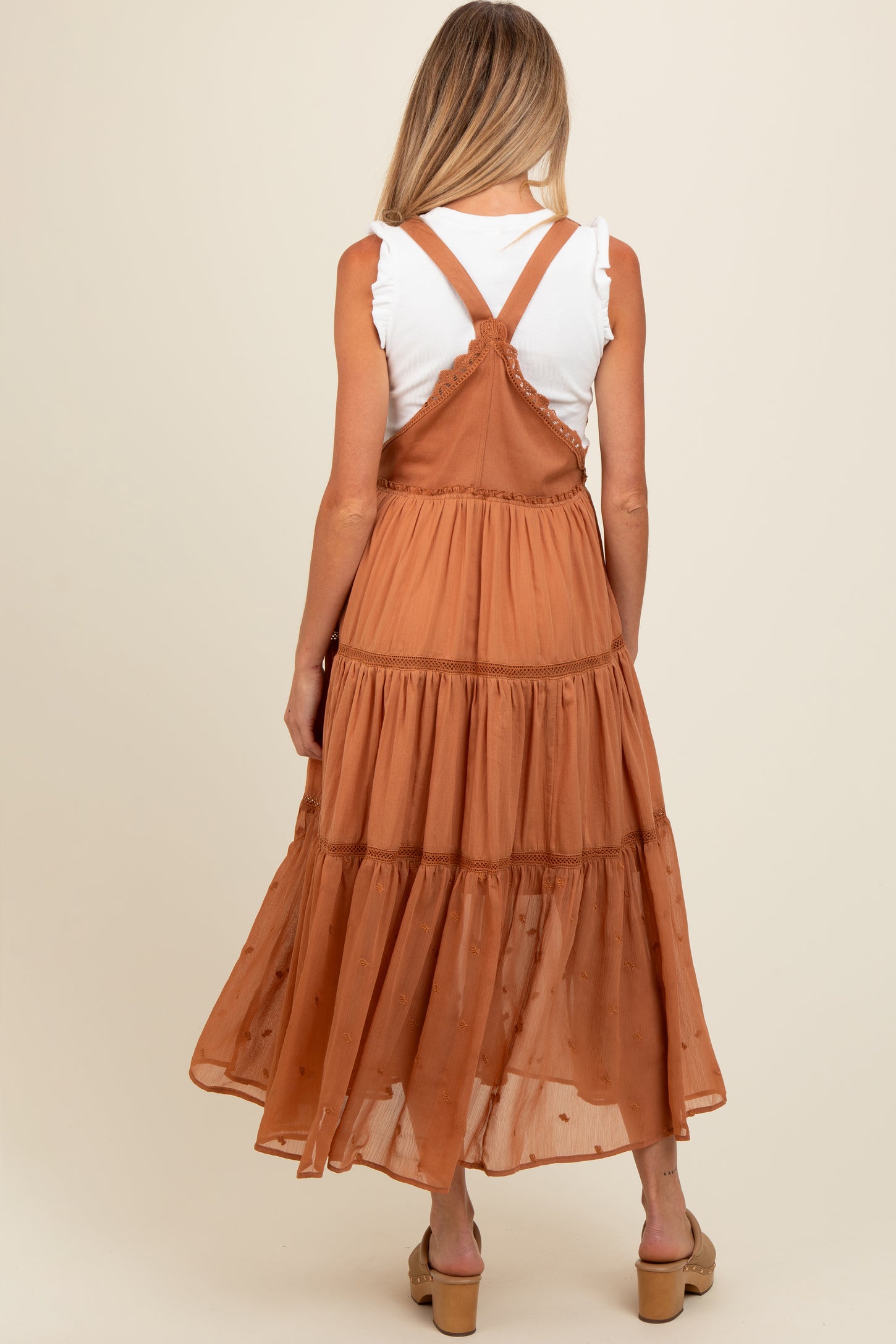 Camel Overall Crochet Lace Tiered Maternity Dress