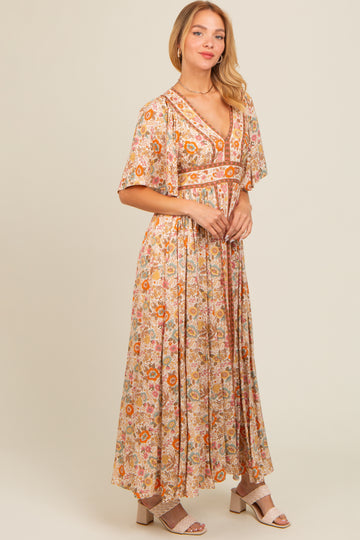 Ivory Floral Border Print Flutter Sleeve Maxi Dress