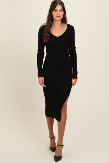 Black Ribbed Knit Side Slit Midi Dress