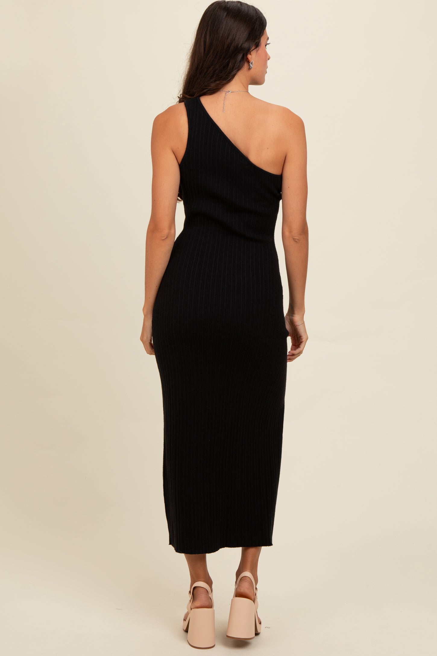 Black Knit One Shoulder Side Slit Maxi Dress