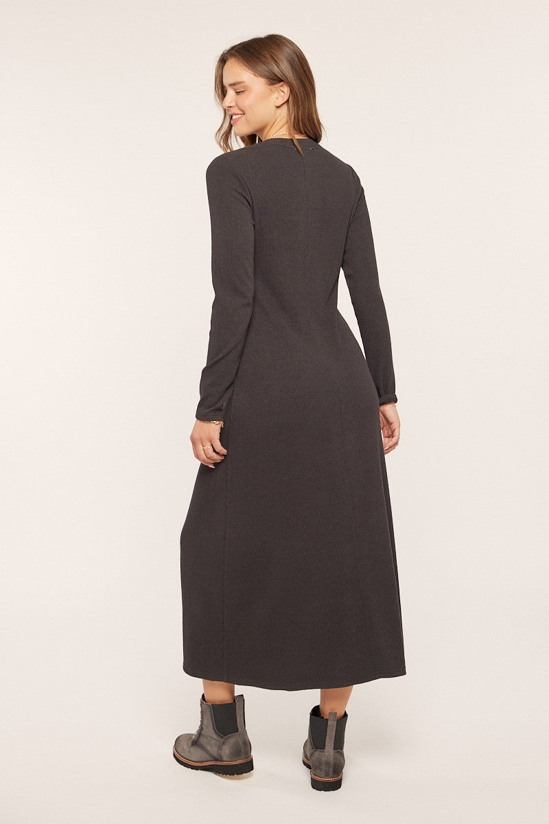 Charcoal Ribbed Knit Side Slit Midi Dress