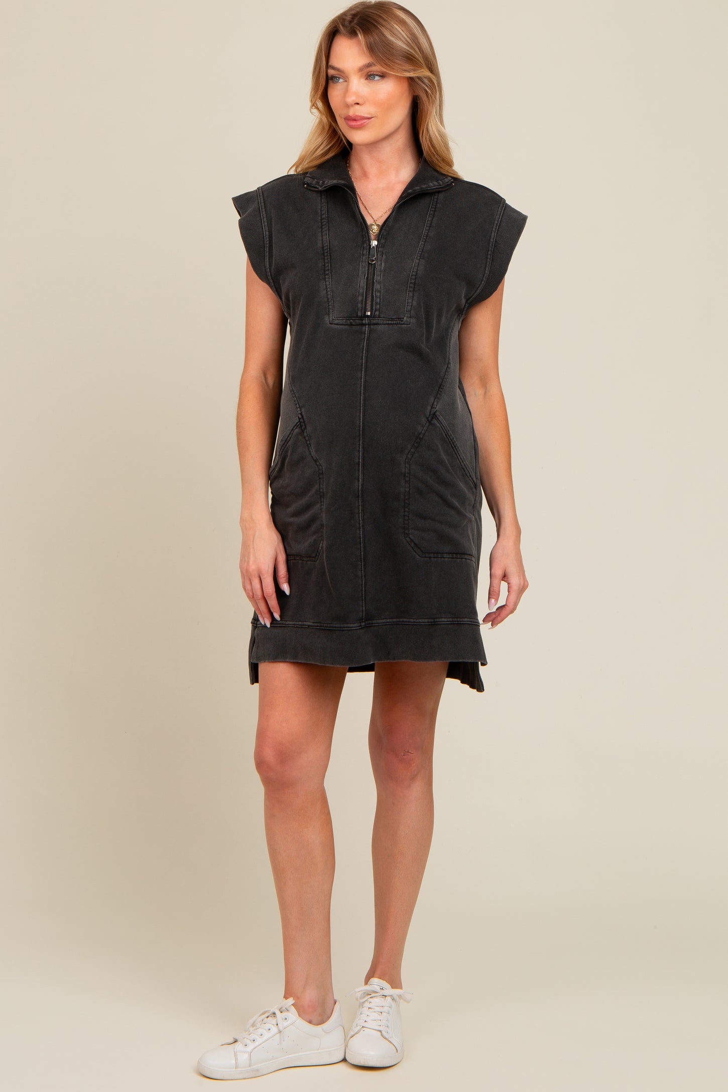 Charcoal Zip Up Hooded Maternity Sweatshirt Mini Dress